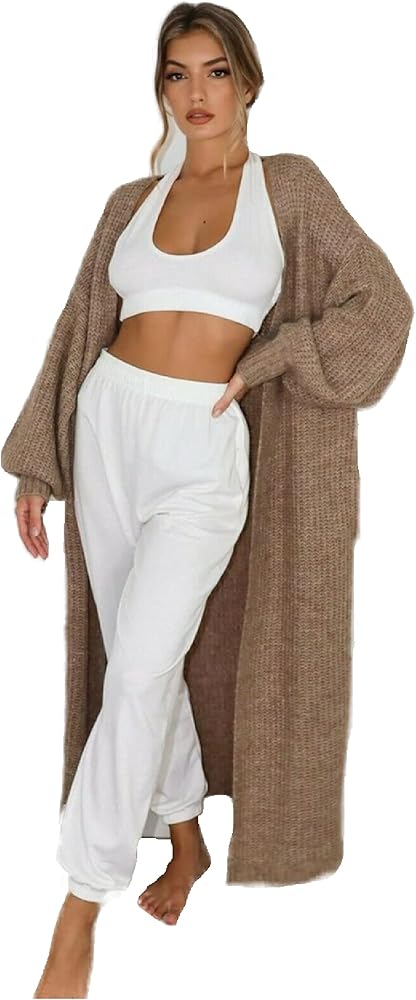 Candid Styles Ladies Long Maxi Knitted Cardigan Balloon Sleeve 2 Pocket Womens Open Front Boyfriend Cardigans Top UK 8-14