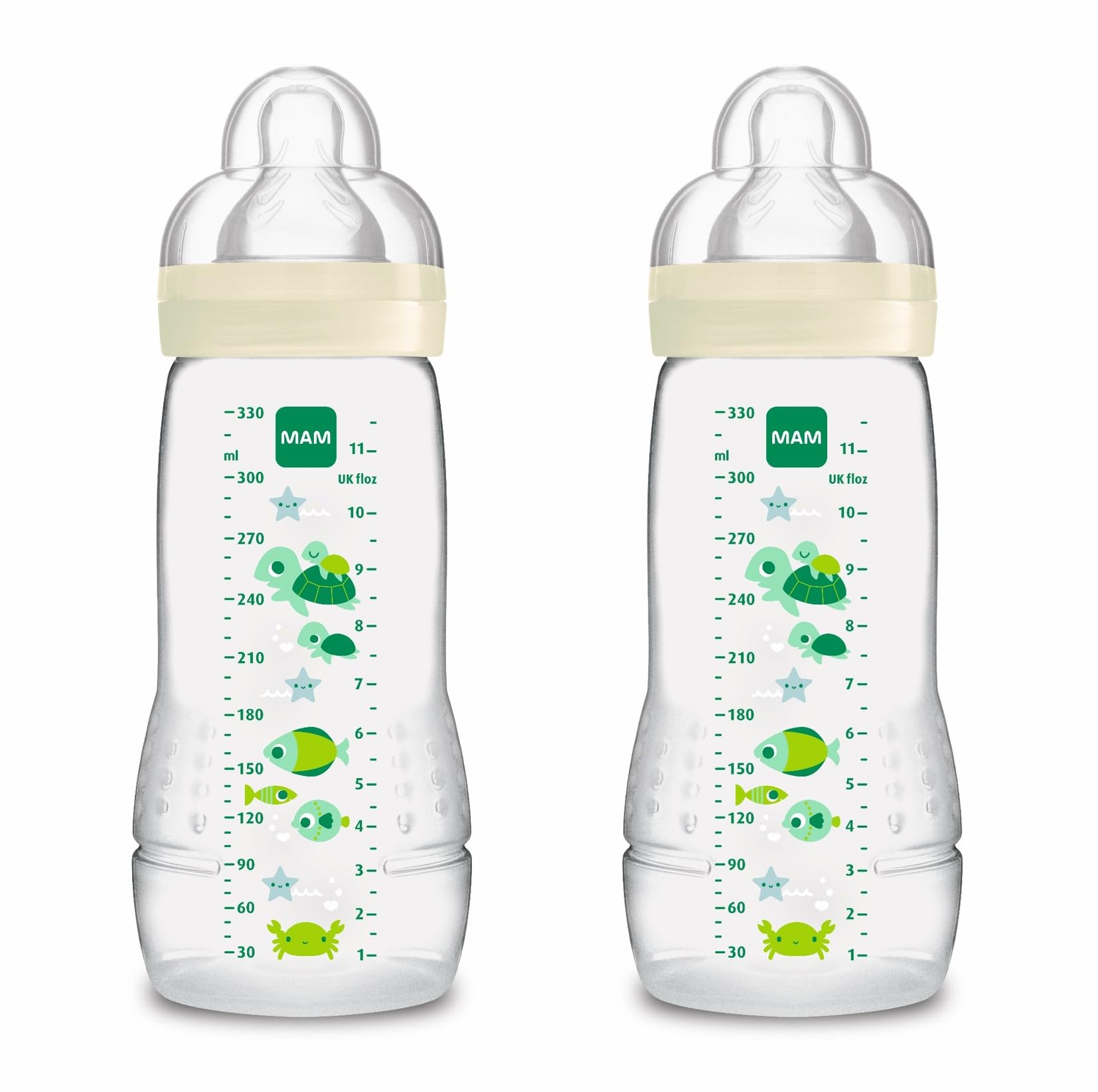 MAM Pack 2 Biberones, a partir de 4 Meses, 330ml, con Tetina 3 de Flujo Rápido de Silicona de Fácil Aceptación, Fácil de Sostener, Fácil de Limpiar, Easy Active, Neutro Brillante, Pack de 2uds 2 61X8 6rv2XL