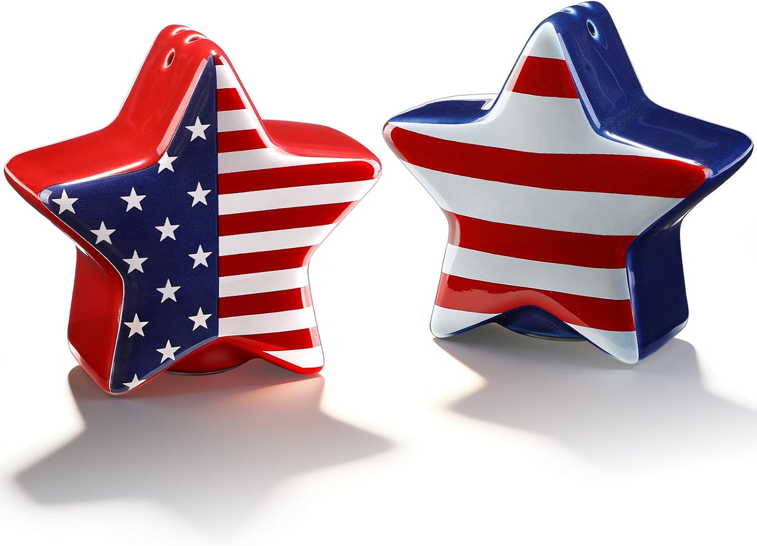 2 Pcs 4th of July Star Shaped Salt and Pepper Shakers with American Flag Decor 3 Inch Patriotic Memorial Day Ceramic Salt and Pepper Shakers Set Red White Blue Decorations for Home Kitchen