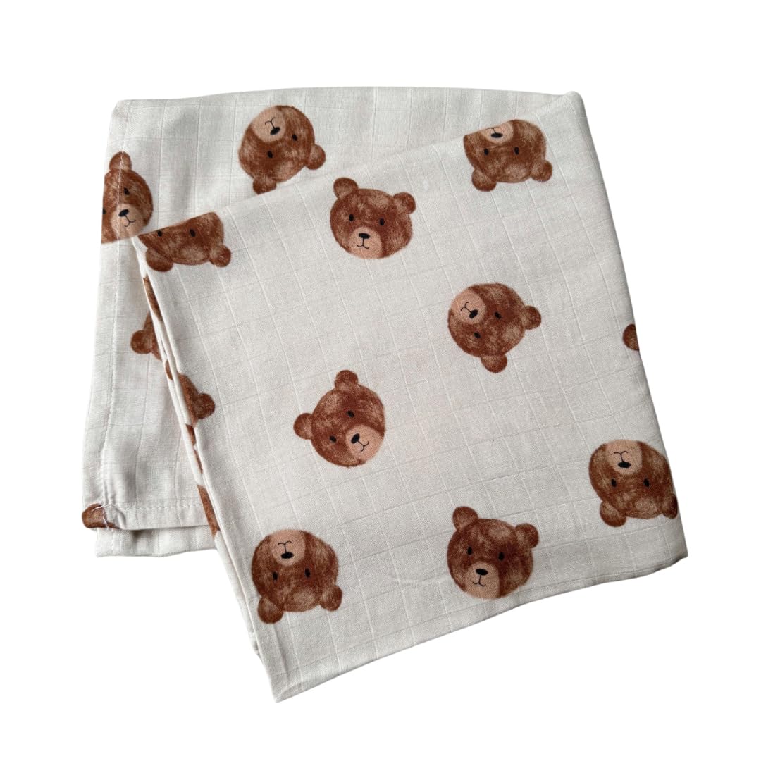 Baby J's® X-Large Luxury Soft Bamboo Muslin Swaddle Blankets - Bamboo Cotton Super Soft Muslin for Baby Girl or Baby Boy (Teddy Bear)