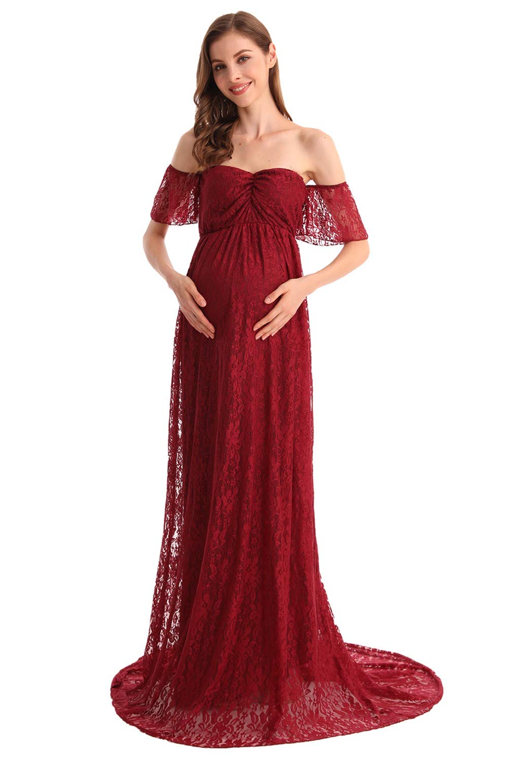 MYRISAM Abito da Sposa da Donna, in Stile Bohémien, con Spalle Scoperte, Maniche a Volant, in Pizzo, per Fotografia, Maxi Baby Shower