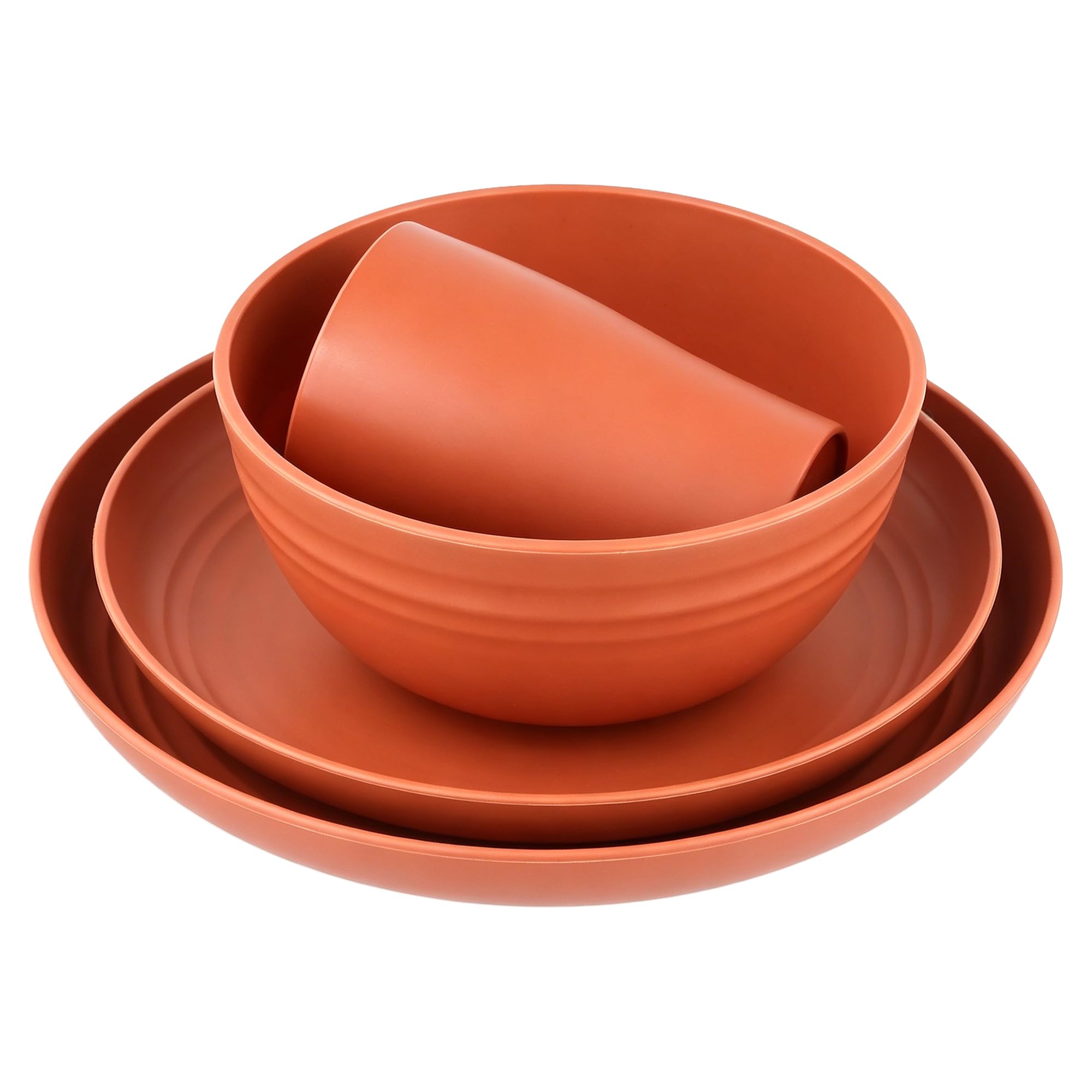 Service de table 32 pièces en plastique incassable - Assiettes plates, assiettes à salade, bols et tasses pour camping, pique-nique et fête, passe au micro-ondes et au lave-vaisselle