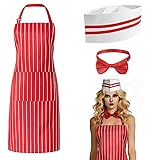 Kinwers Vintage Años 50,Juego de 3 Delantales y Gorro de Chef Diseño a Rayas Rojas y Blancas para Cocina y Hornear
