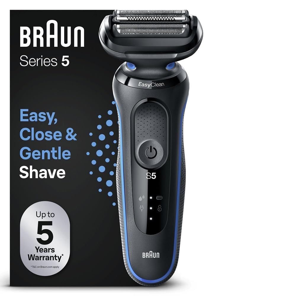 Braun Rasoir Electrique Homme Series 5 51-B1000s, Bleu, Etanche, A Grille Et Sans Fil, 3 Lames Flexibles Pour Bien Raser La Barbe Et Le Visage, Coffret De Rasage Avec Chargeur Intelligent