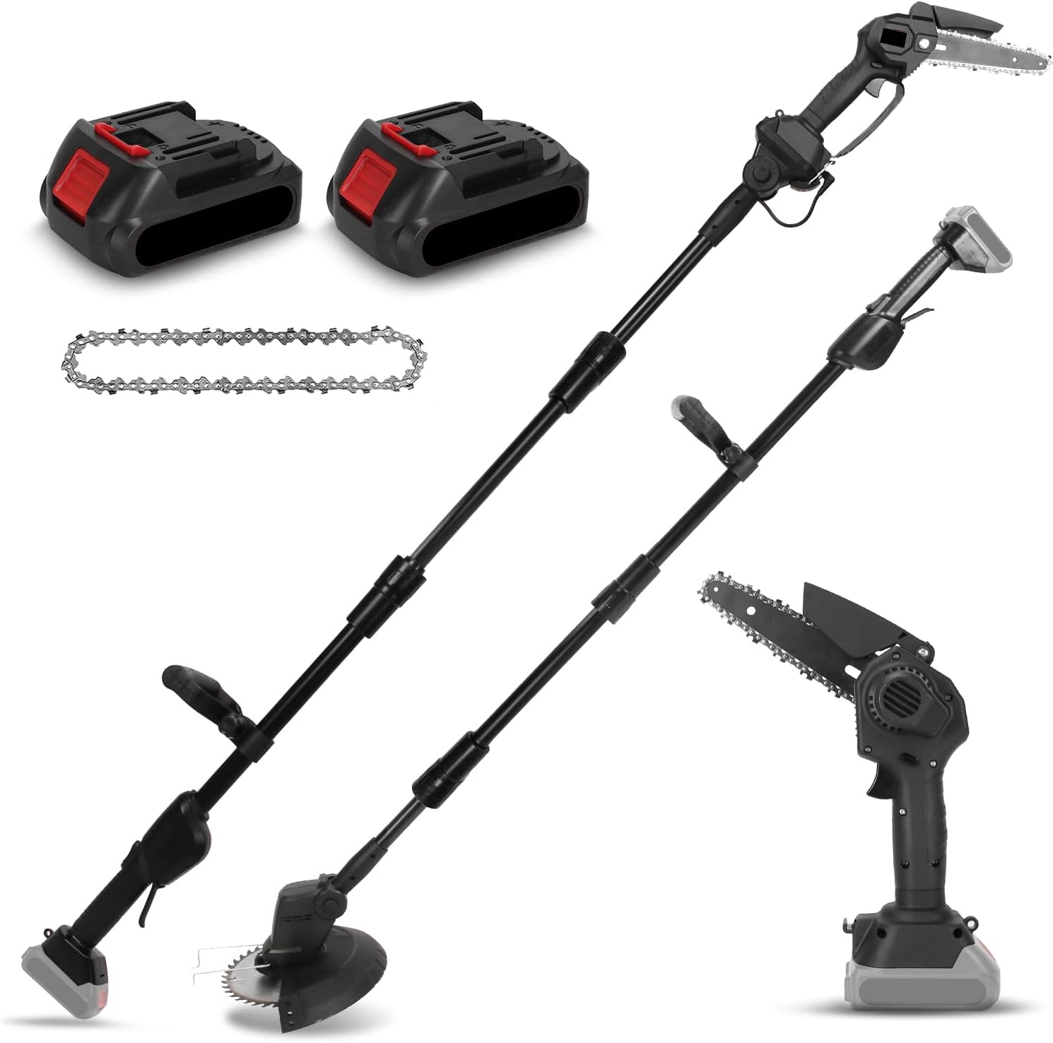 3-in-1 Cordless Pole Saw, Mini Chainsaw & Grass Trimmer with 4&6 Inch Electric Pole Chainsaw, 12.3ft Max Reach, for Tree Trimming Branches, Includes 2×21V Batteries