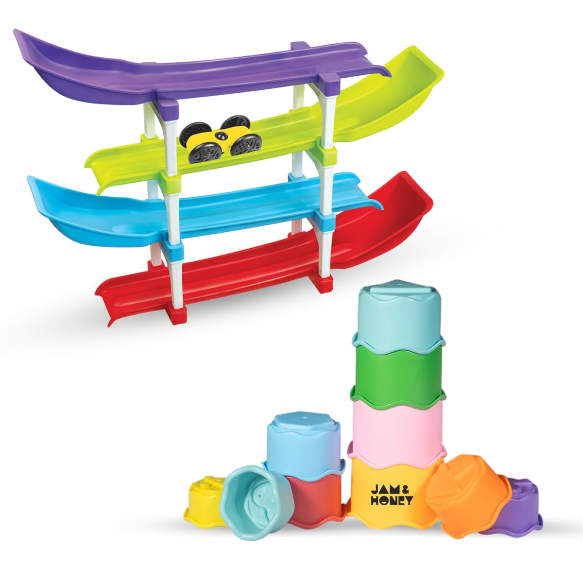 Amazon Brand - Jam & Honey Toddler Activity Toy Set with Ramp Racer & Stacking Toys 3+ Years, Early Learning Educational Toy for Motor Skills, BIS Certified Child Safe Toy for Toddlers
