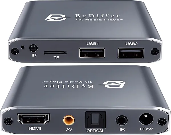 4K HD Digital Media Player, TV MP4 Video Player for USB Drive/Micro SD Card, Digital Signage, Auto Playback, H.265/HEVC, Optical/HDMI/AV Output, Grey