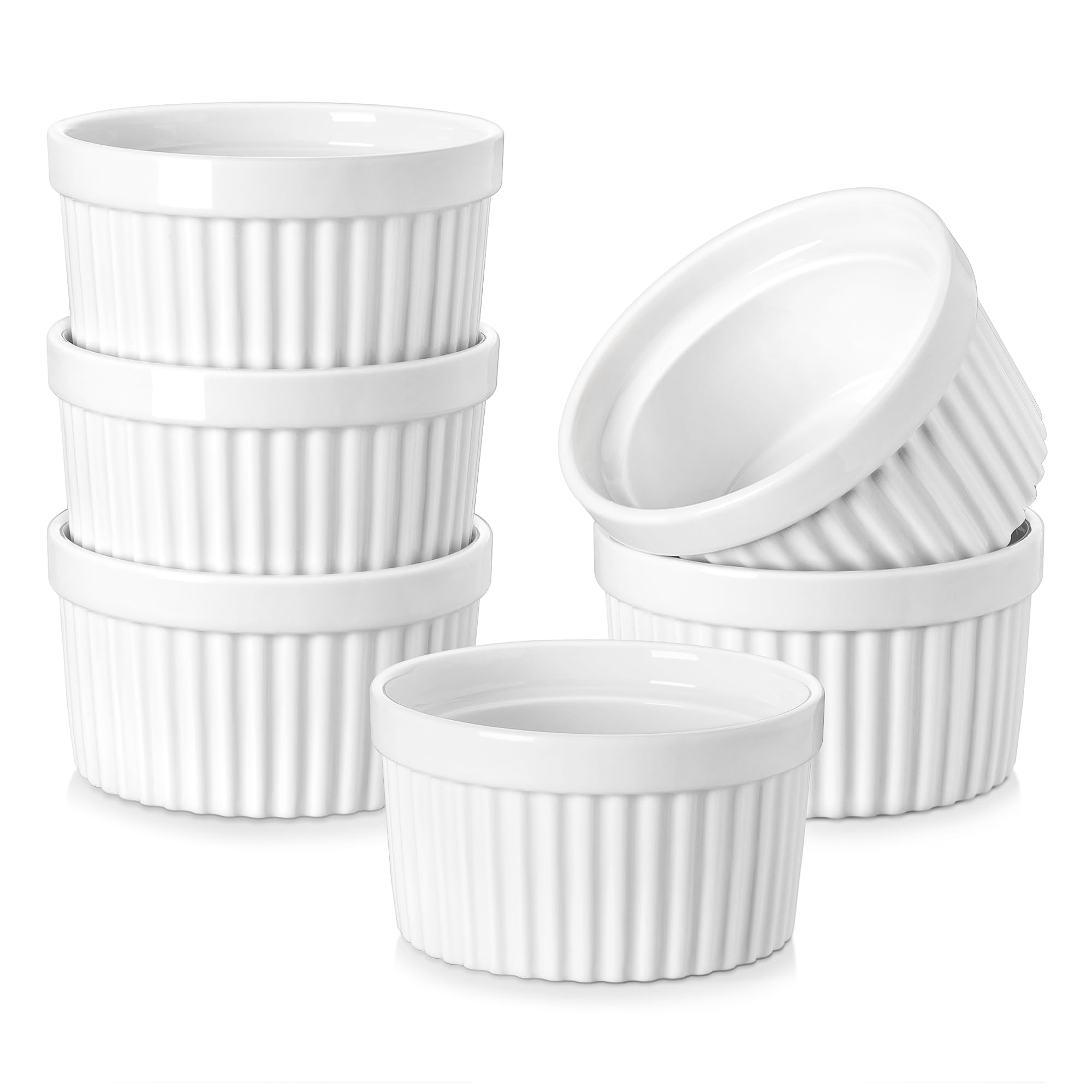 MALACASA Creme Brulee Schälchen 6er Set, Souffle Förmchen zum Backen, Souffleeförmchen Backofenfest, Ofenfeste Creme Brulee Schalen, Mini Auflaufform, Weiß, Serie Ramekin