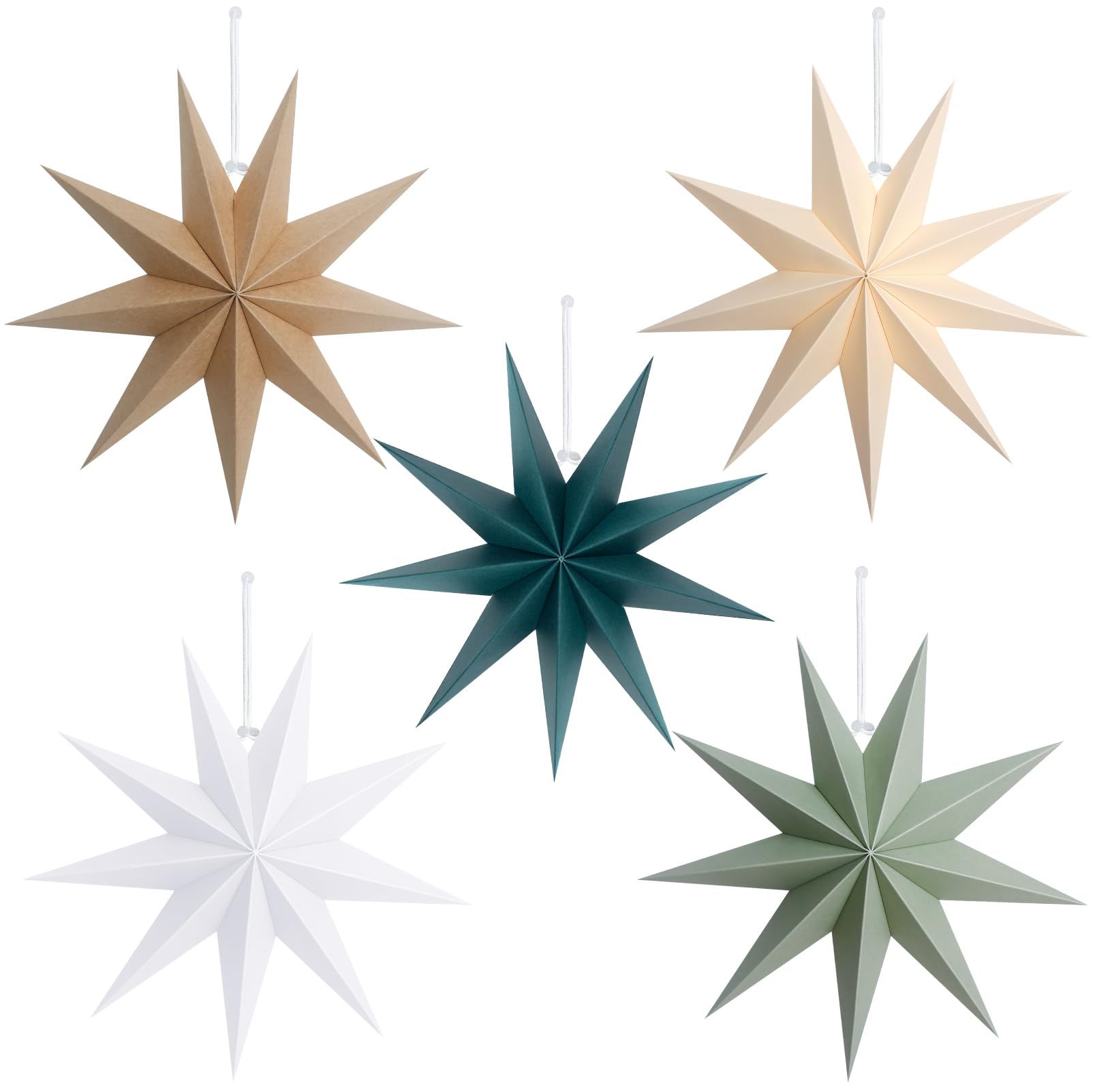 5 Pieces 9-Pointed White Paper Star Christmas Decorations Ceiling Tree Decorations Room Hanging Hanging Lampshade Christmas Holiday, Baby Shower,Weddings, Birthday Party Decorations (5-Color) — image 1