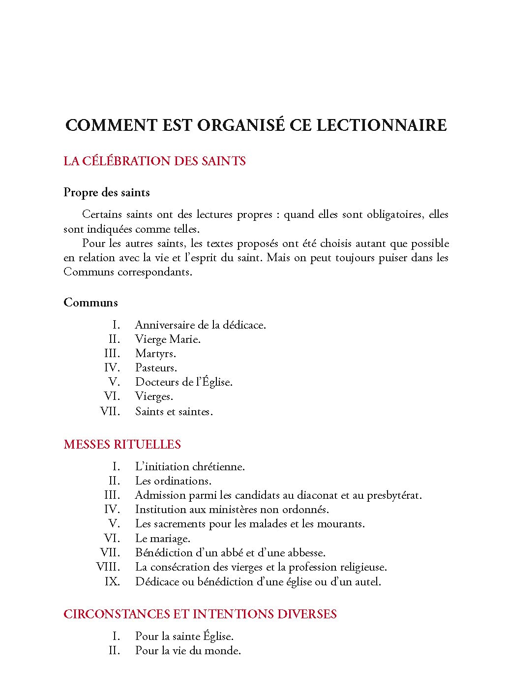 Lectionnaire des saints, messes rituelles, intentions diverses, messes votives, défunts