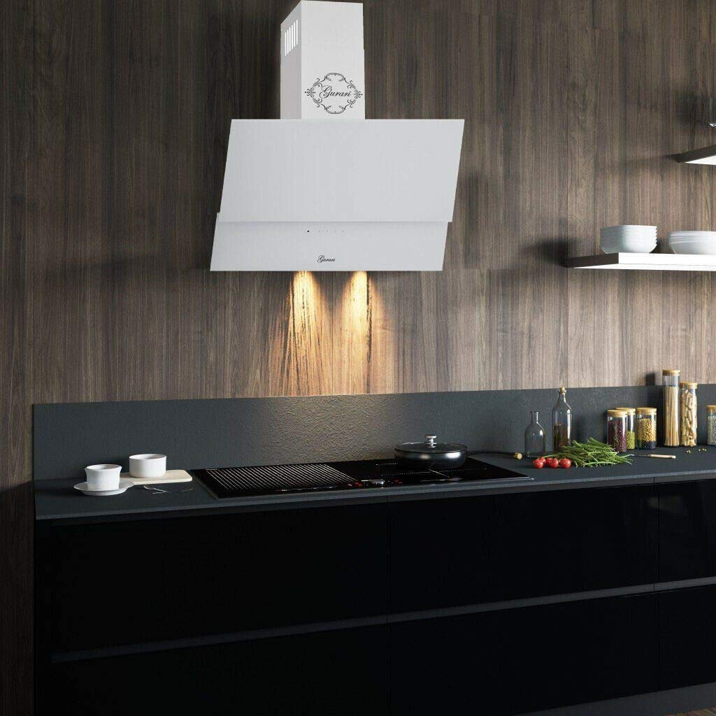Hotte 80 cm GURARI GCH D 268 WH 8 Prime/Hotte Blanc Verre à Commande Tactile/Hotte éclairage LED inclinée/Hotte de Cuisine Classe A avec filtre à charbon/Hotte Aspirante