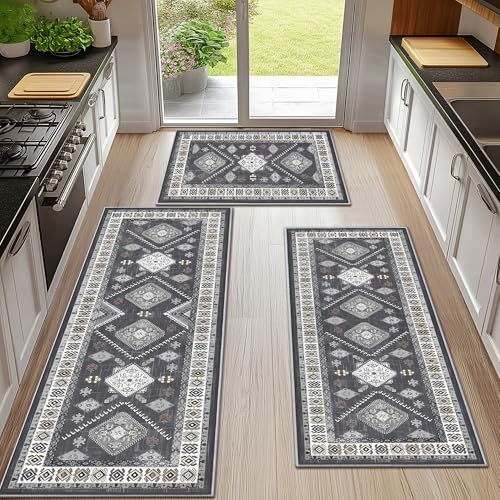 SIPIHA 3 Piece Washable Kitchen Rugs Non-Slip, Boho Kitchen Mats Set for Floor, Foldable, Thickened, and Plush Soft, Easy to Clean