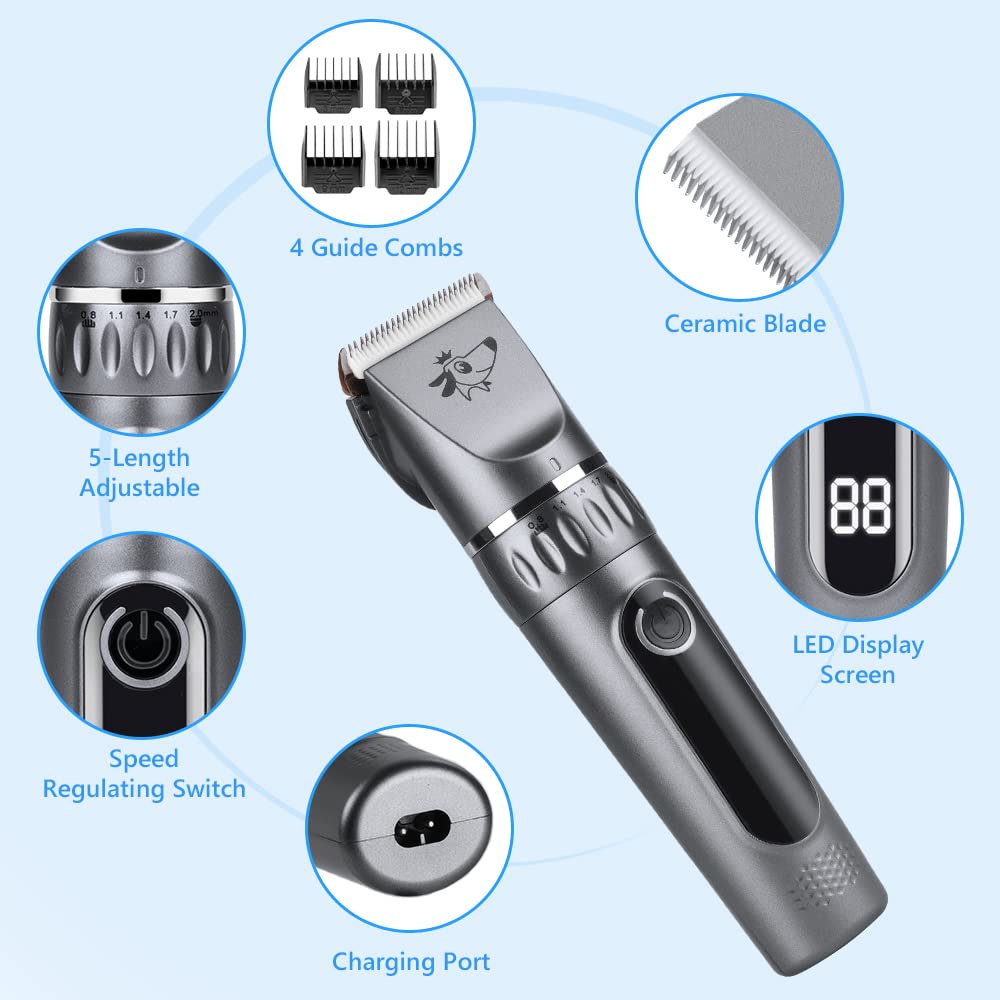 Pet Clipper, akumulatorowa maszynka do strzyżenia, maszynka do strzyżenia psów z zestawem do pielęgnacji psów, inteligentny wyświetlacz LCD, prędkości 5, odległości cięcia 4 (srebro)