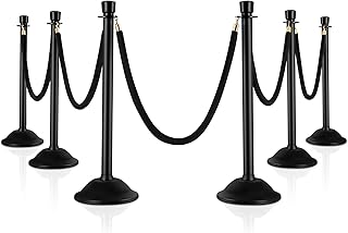 HABUTWAY Crowd Control Stanchion, Set of 6 Pieces Stanchion Set, Crowd Control barriers with 5ft/1.5m Velvet Rope, Black Delineator Post with w/Sturdy Base (Black Rope)
