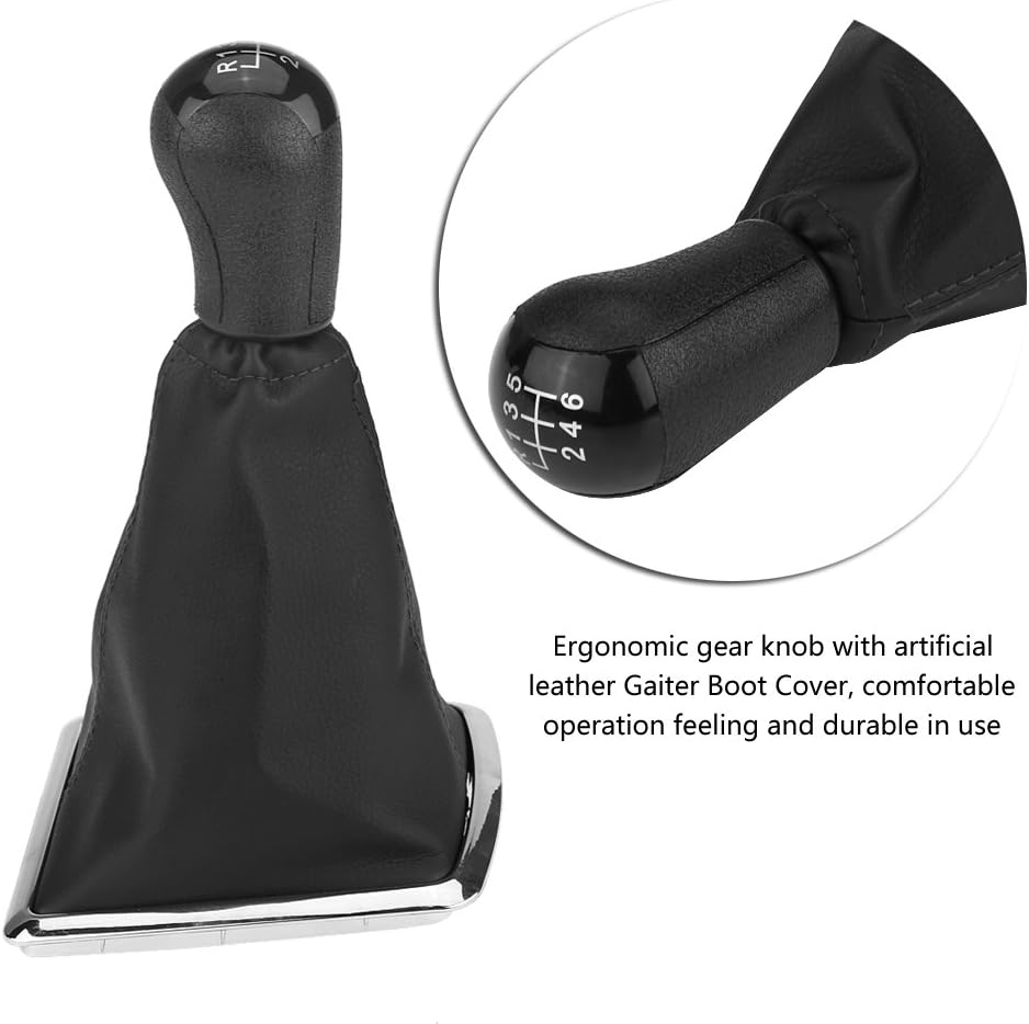 Qiilu 6 Speed Gear Shift Knob, Manual Car Shift Knob Head Lever Shifter + Gaiter Boot Cover for Ford Focus MK2 2004-2008