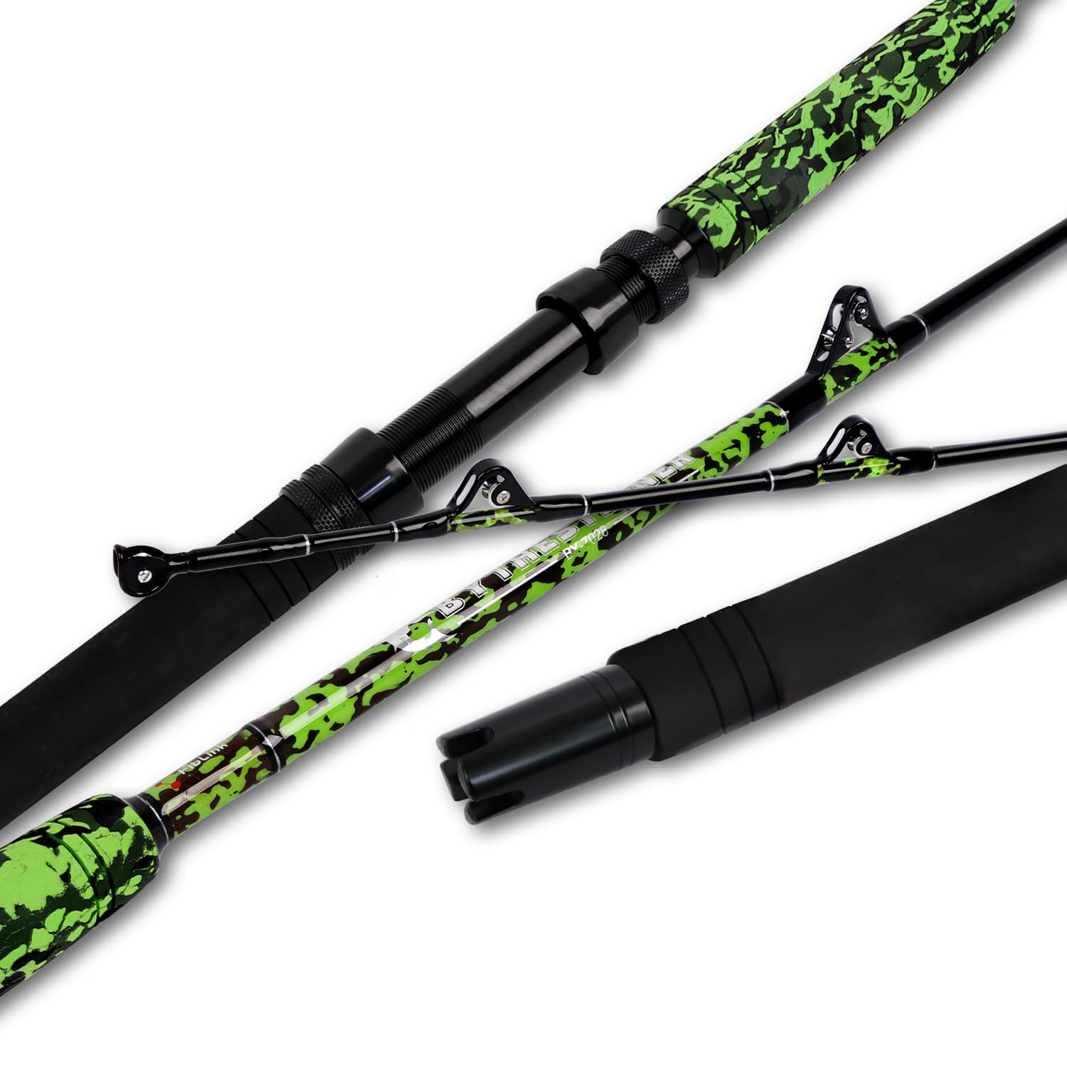 FiblinkSaltwater Fishing Rod Heavy Duty Offshore Trolling Rod 1 Piece/2 Piece Big Game Deep Drop Roller Rod Conventional Boat Green Camouflage Rod(6'/7',50-80lbs/80-120lbs)
