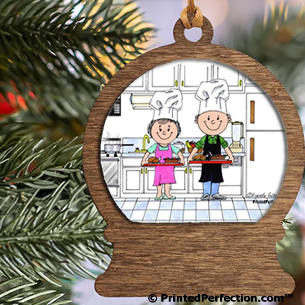 PrintedPerfection.com Personalized Chef Couple, with Hat Wooden Snow Globe Shaped Christmas Ornament