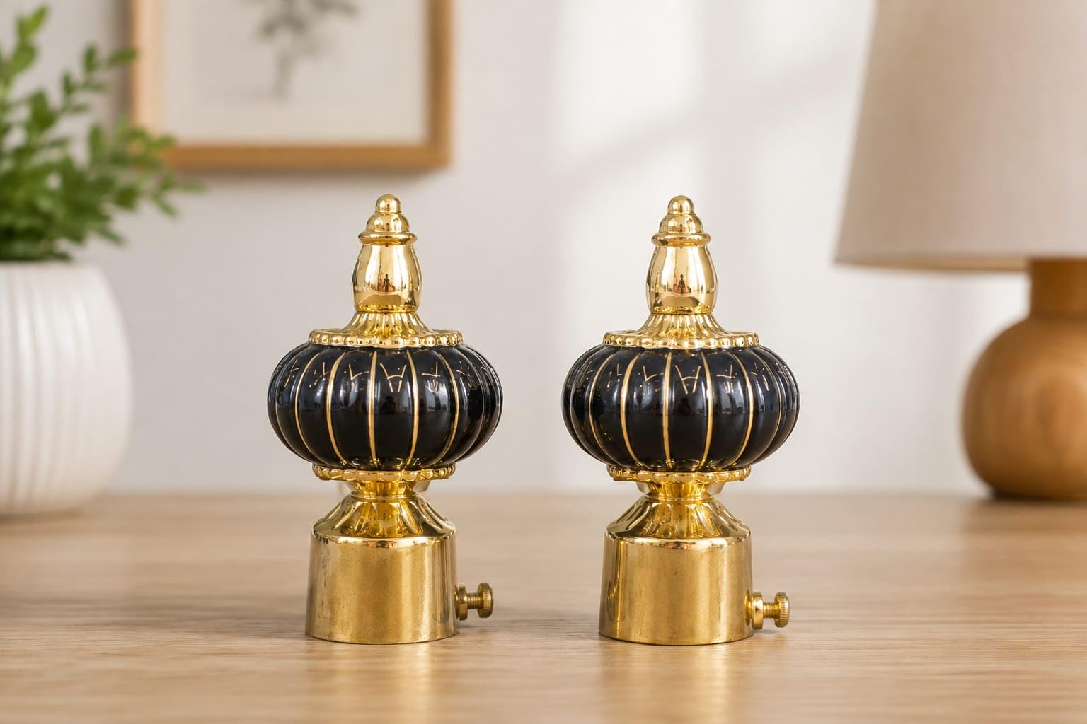 Decorative Curtain Rod Finials, Black and Gold, Set of 2 | Ornate Pumpkin Shape, Glossy Finish, Gold Accents, Home Decor, Screw-On Base-image-44