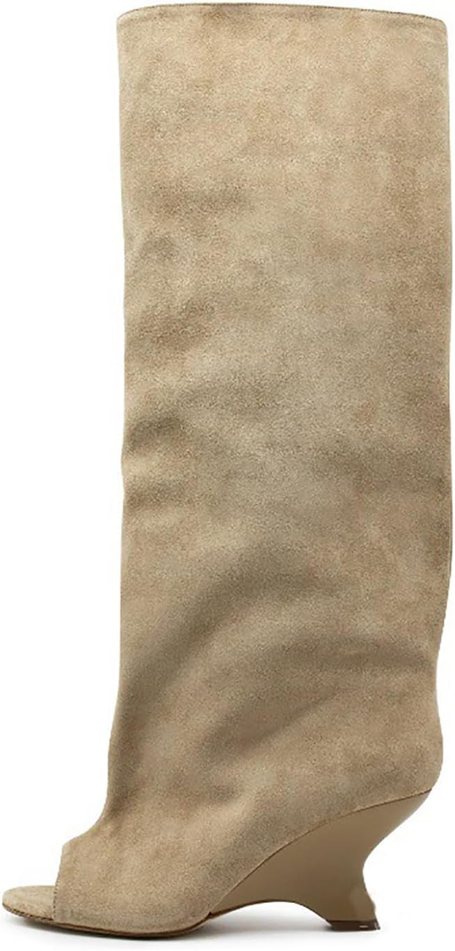 summer black suede Peep toe Knee high boots Round toe slip-on High-heeled Slouchy summer boots wide calf wedge boots