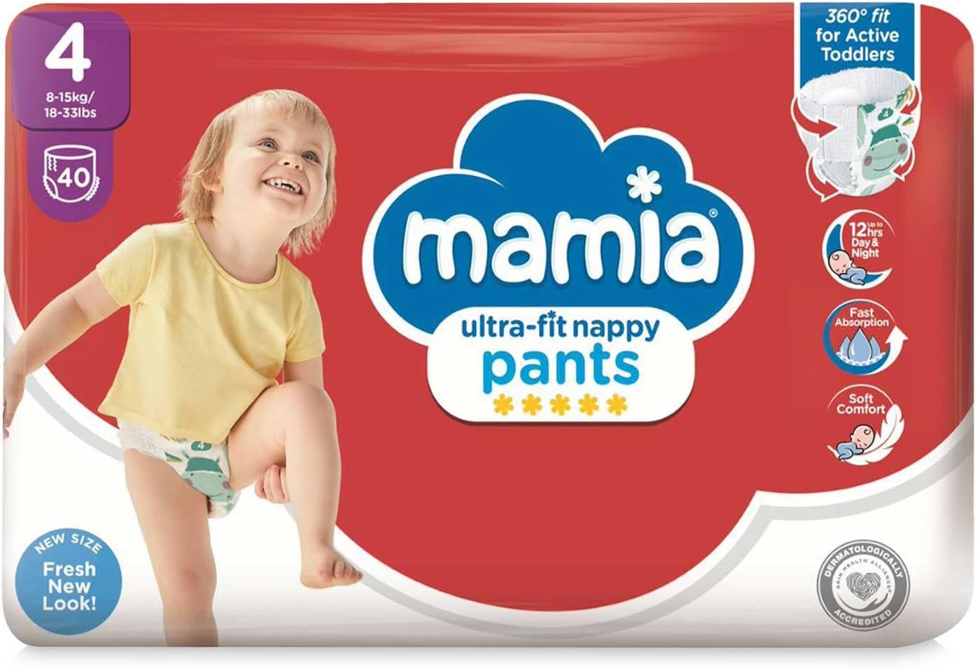 Mamia Size 4 Nappy Pants packaging showing a smiling toddler wearing a nappy pant, and key features like 360-degree fit, 12-hour protection, fast absorption, and soft comfort.