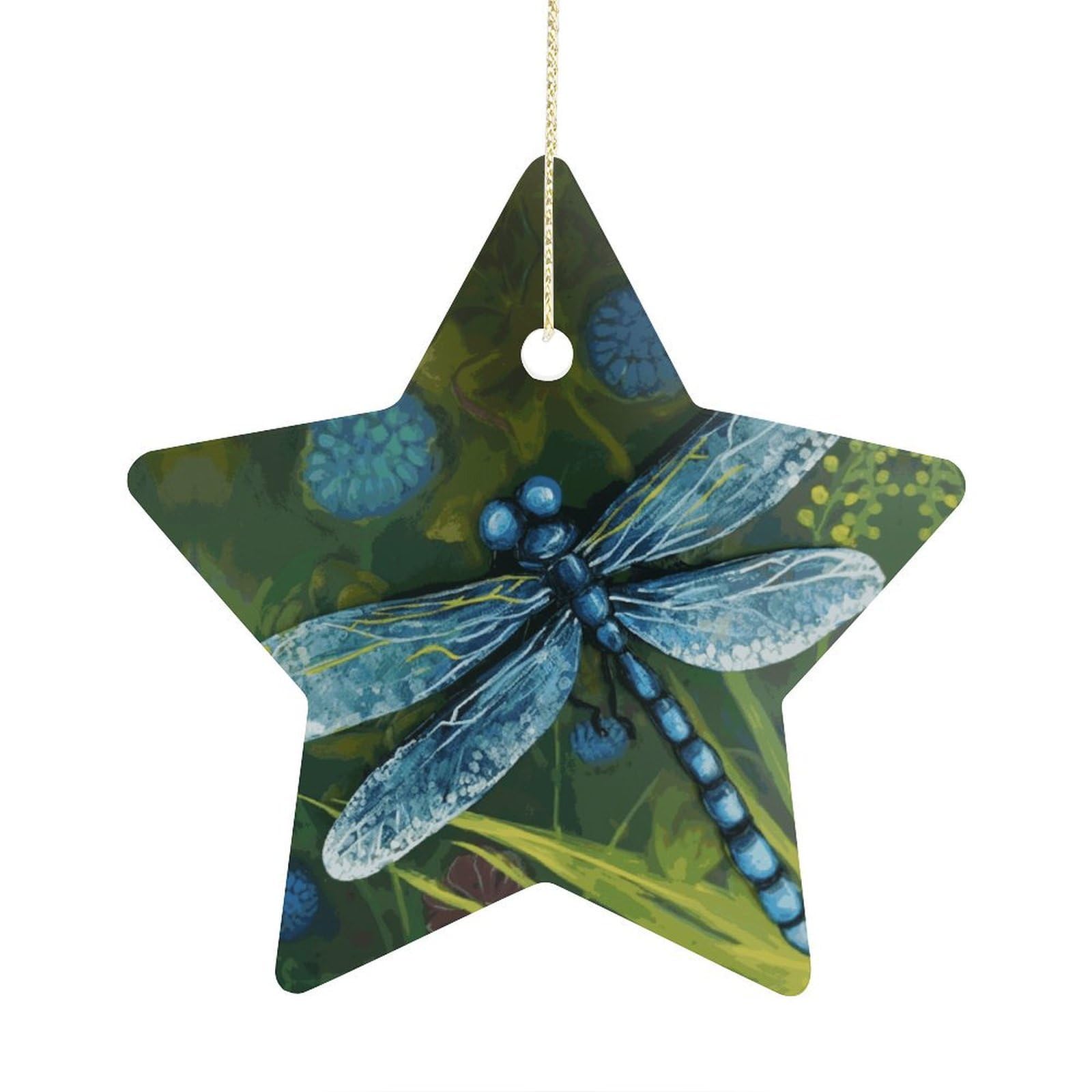 Hand Painted Blue Dragonfly Stars Ornaments Ceramic Christmas Tree Hanging Light in Weight Christmas Star Pendants Funny Double-Sided Printed Xmas Ornaments for Gifts
