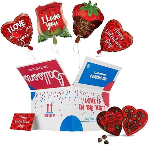 Caja sorpresa de globos inflados de papel de aluminio de helio con caja de regalo y tarjeta de chocolate de San Valentín - Regalos del día de San