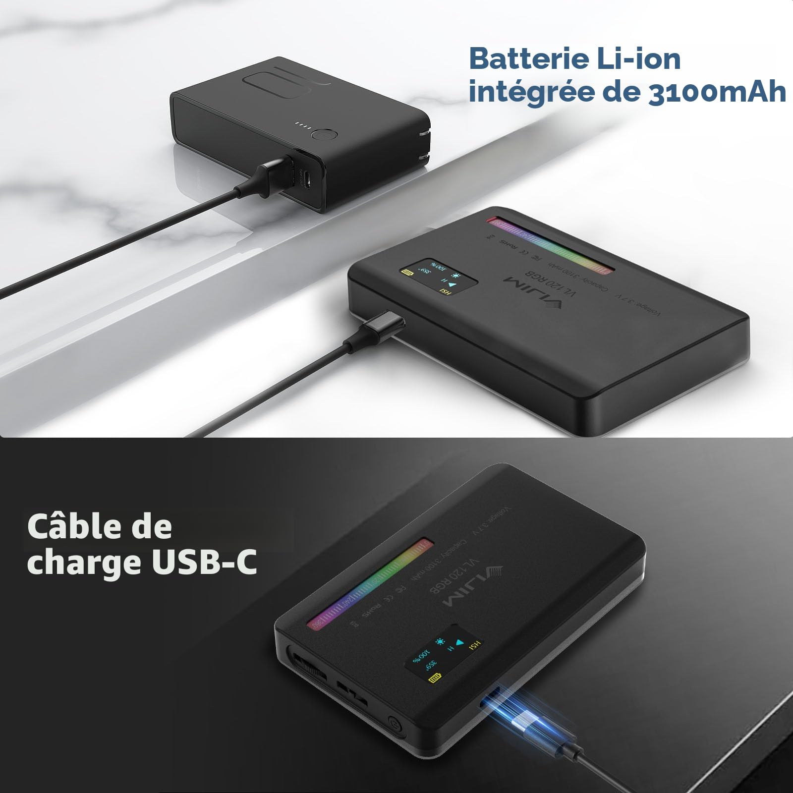 ULANZI VL120 RGB Lumière vidéo, Panneau Lumineux LED Portable pour caméra 0-360 Full Color, CRI 95+ 2500-9000K LED 3100mAh Rechargeable Eclairage DSLR pour Vlogging, Photographie, Vidéo Conférence