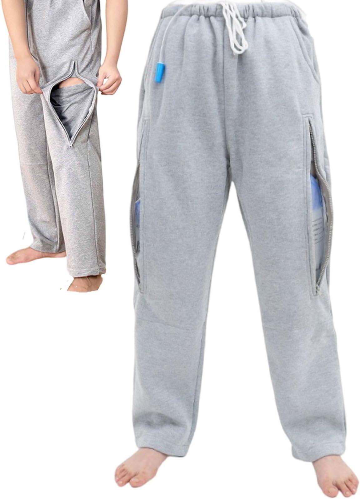 Catheter Leg Bag Pants for Men/Women, Urine Bag Holder Pants with Double Zippered Pockets, Catheter Supplies Holding 2x2000ml Catheter Bag for Nephrostomy, Foley, Cystostomy, Urostomy (L, Grey)