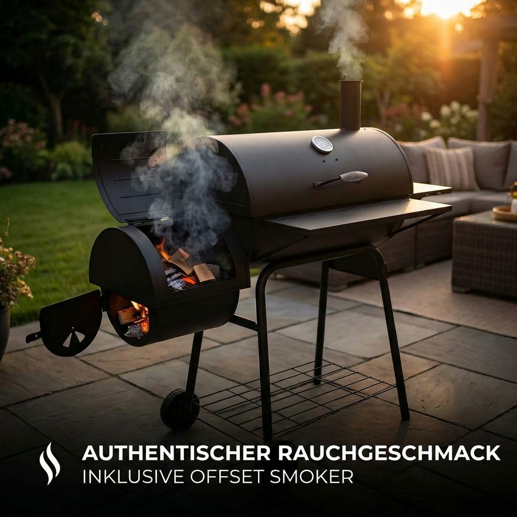 Lugia Holzkohlegrill mit Smoker – XXL Grillwagen 66x41 cm – BBQ Grill mit Deckel, Thermometer, Warmhalterost, Seitentisch & Flaschenöffner – Offset Smoker für Garten & Terrasse