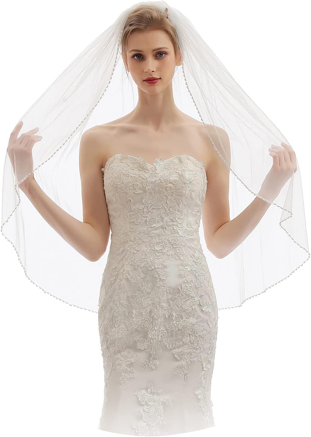 Womens 1 Tier Fingertip Length Short Crystal Beaded Wedding Bridal Veil With Comb X09