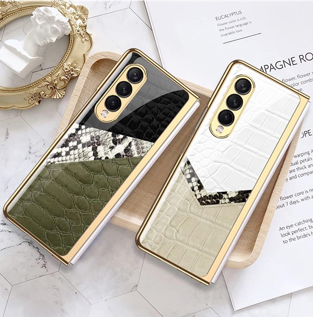 SHIEID Z Fold 3 Case, Z Fold 3 Case Ultra-Thin Tempered Glass Phone Case Protective Cover for Galaxy Z Fold 3 5G Fashion Electroplated PC Back Cover, Boa Pattern-3