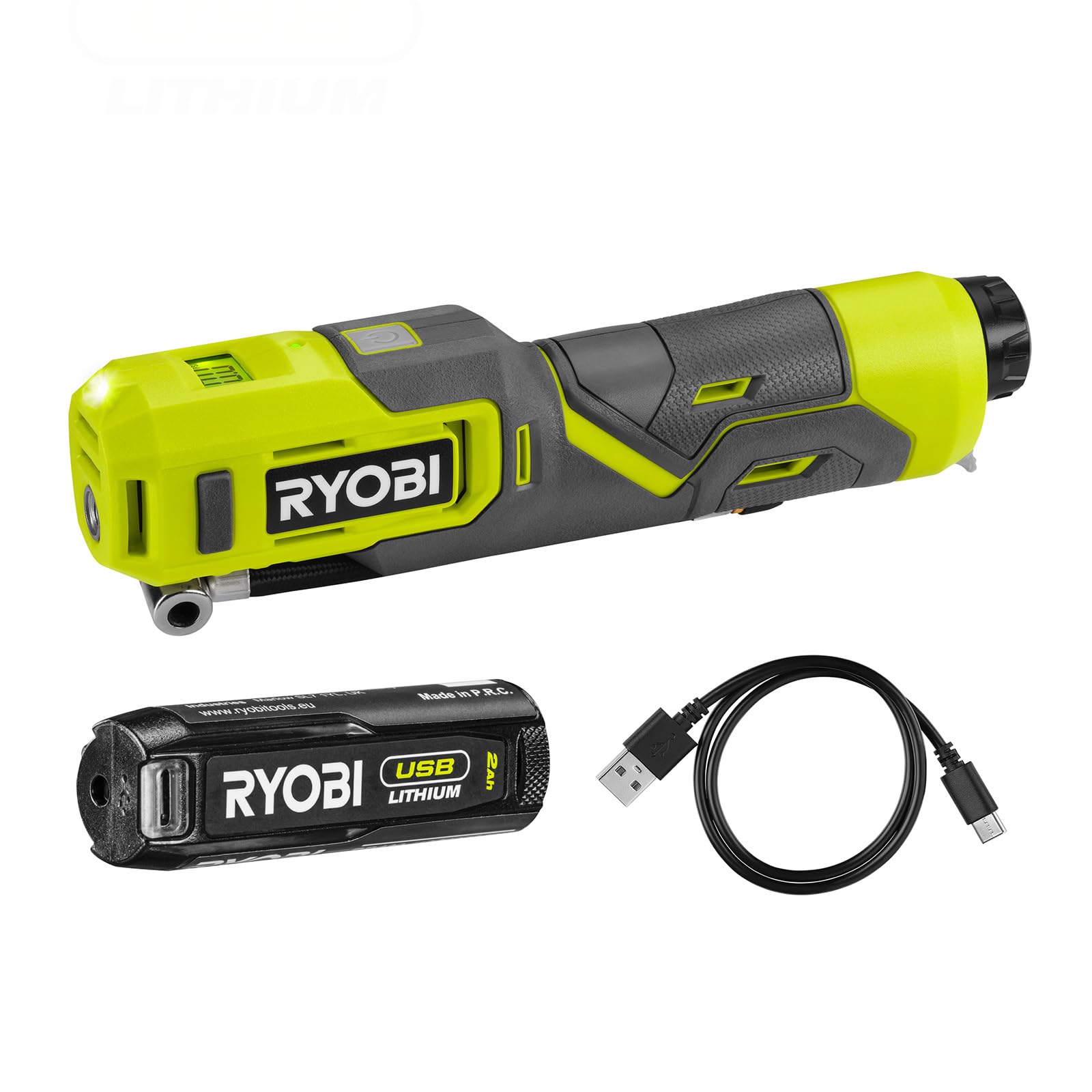 Ryobi Gonfiatore a Batteria 4V USB Lithium con Batteria 2,0Ah e Caricabatterie Inclusi, Pressione fino a 6,9 bar / 100 PSI, Display LCD Digitale, Luce LED, per Auto e Bici, RI4-120G