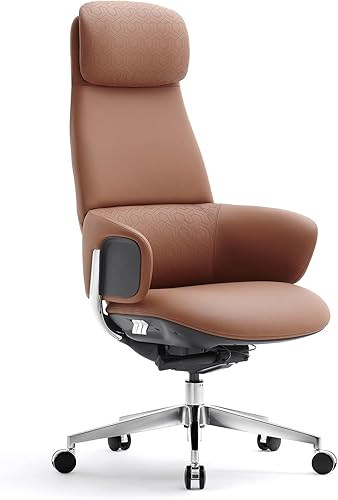 Silla de oficina ejecutiva de cuero genuino con respaldo alto de aluminio base giratoria ergonómica sincronizada, mecanismo reclinable de cuero