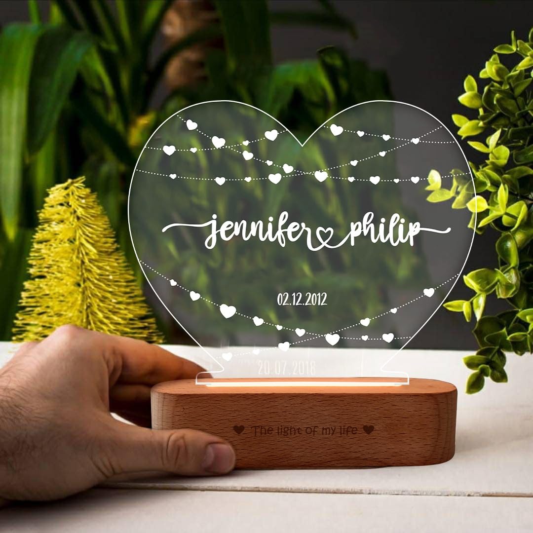 ZOCI VOCI Wood Anniversary Gift Personalized 3D Illusion Heart LED Lamp | Engraved Night Lamps for Special Occasions Unique Gift for Wife & Husband (Festival of Love), Olive 2