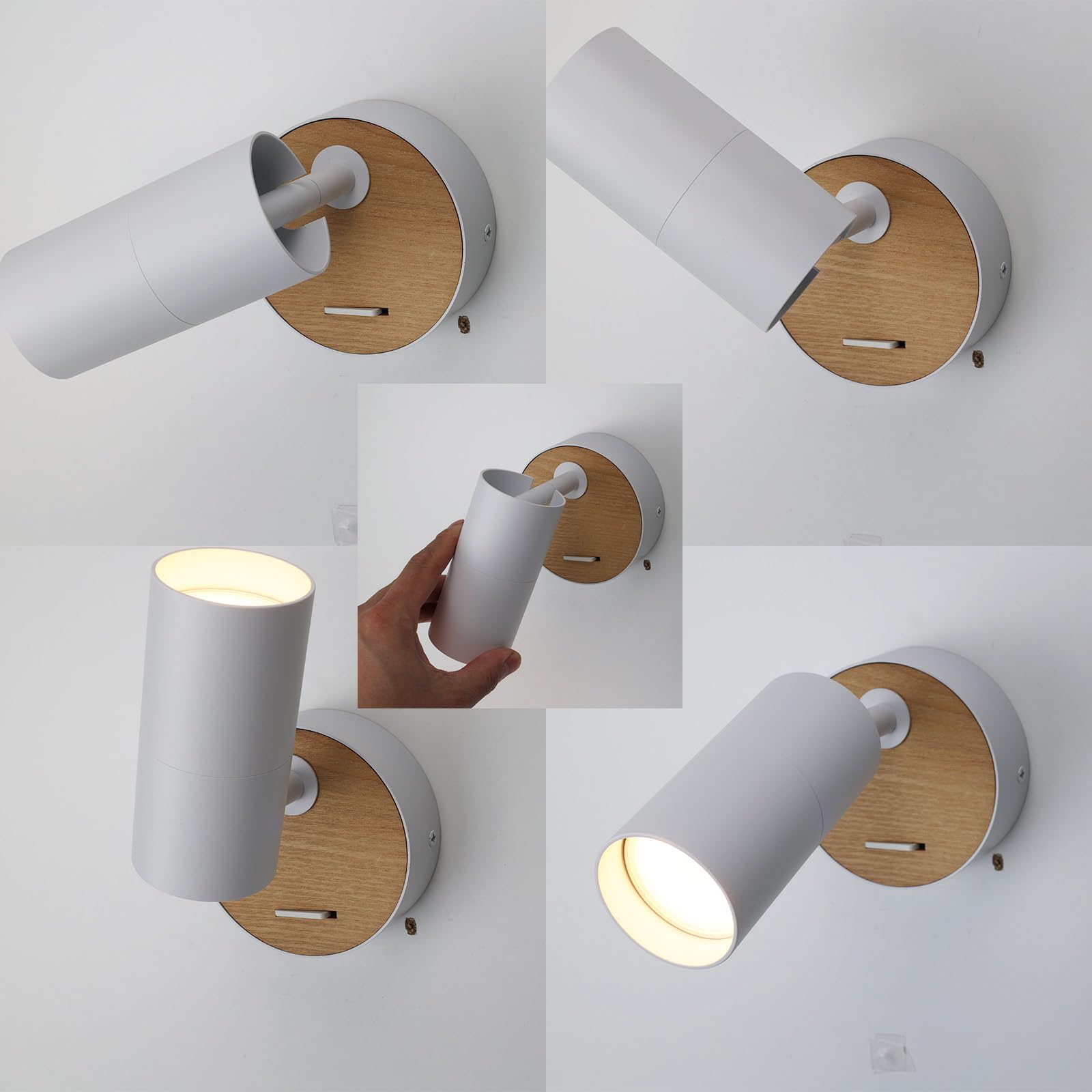 Alpinaluz Applique Murale GU10 à Tête Cylindrique Orientable 350°, Base Ronde Ø10 cm, Interrupteur Intégré, Blanc et Bois Naturel, Style Nordique, pour Lecture, Chambre ou Salon