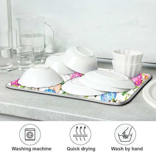 Miniatura 7 de Tapete de secado de platos de conejo para cocina, huevos de Pascua, flores de primavera, tapete de secado de microfibra, absorbente y reversible,
