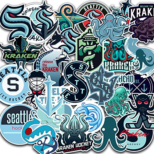 30 PCS Kraken FanShop Stickers Seattle Team Hockey Stickers for Water Bottle Laptop Aesthetic Skateboard Bumper Car Bike Stickers 2-2.5 inches