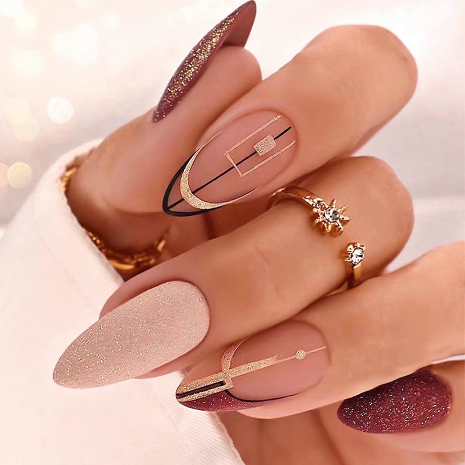 YOSOMK Medium Press on Nails Burgundy Almond Fake Nails with Glitter Sequins Designs Luxury False Nails Glossy Stick on Nails Full Cover Glue on Nails Acrylic Nails for Women