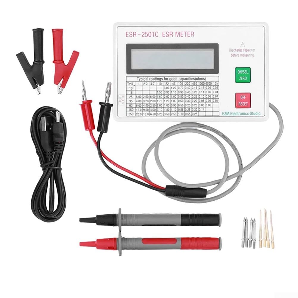 ESR DCR-Kondensator-Tester, digitales Messgerät, 0–25 Ω Bereich mit Messleitungen, Clip für Leiterplattenreparatur, Elektronik