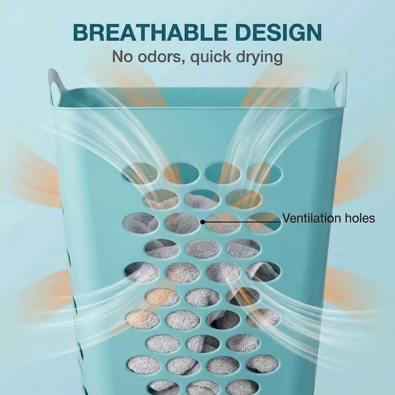 (2 Pack) 2 Bushel Square Laundry Hamper, Teal Lightweight Plastic Tall Laundry Basket with Handles, Ventilation Design for Bedroom, Bathroom, Laundry Room, College Dorm.