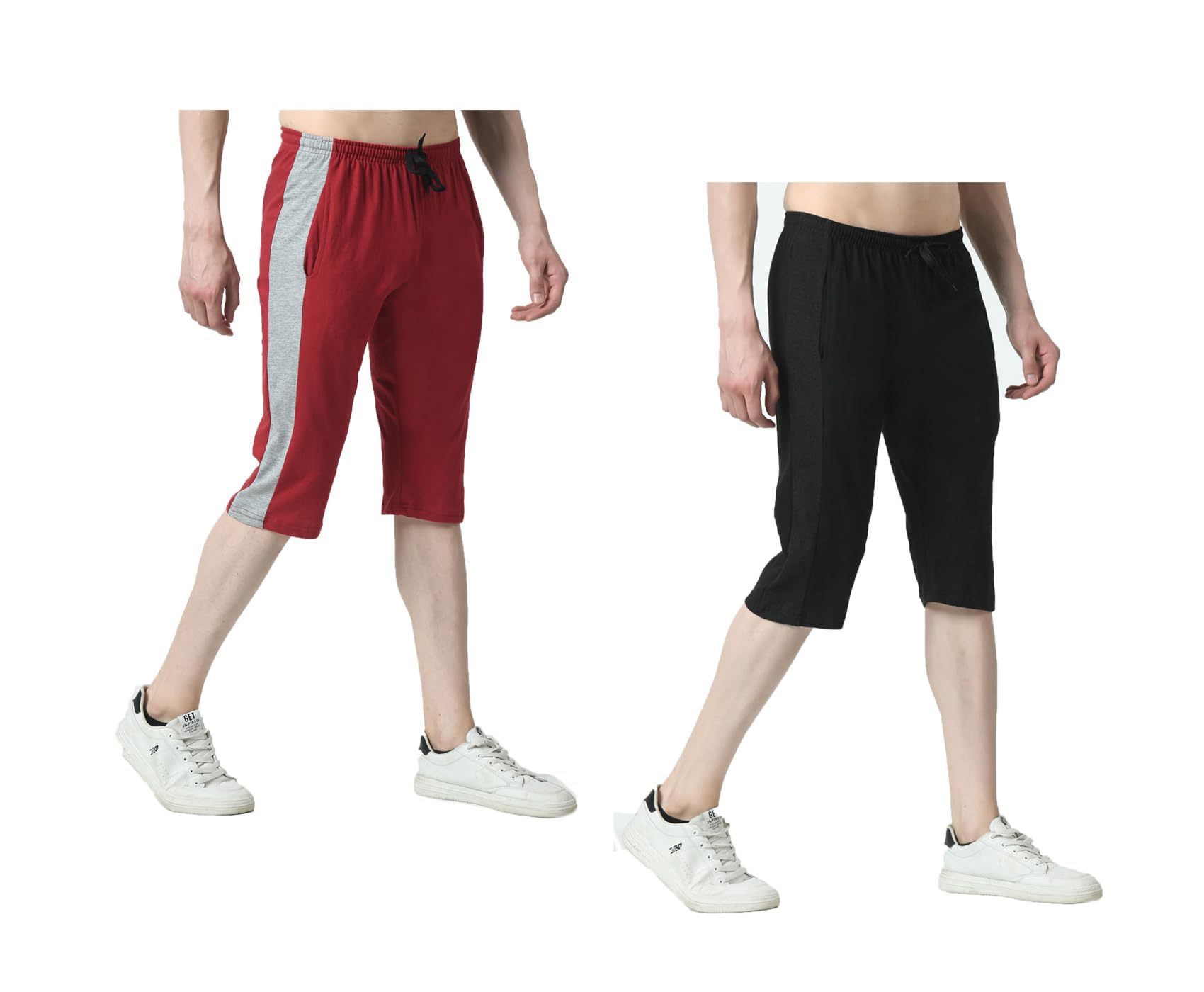 Pack of 2 Men’s Cotton Capri Pants with Side Stripe (Patta), Elastic Waist with Drawstring (Nada), Pockets, Comfortable Casual Knee Length Shorts-image-19