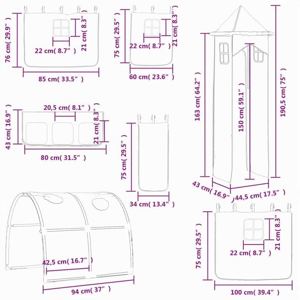vidaXL Vorhänge, Vorhang Set für Hochbett Spielbett Kinderbett, Bettvorhang mit Tunnel Turm, Spielvorhang Unterbettvorhang Kinderzimmer, Weiß Schwarz