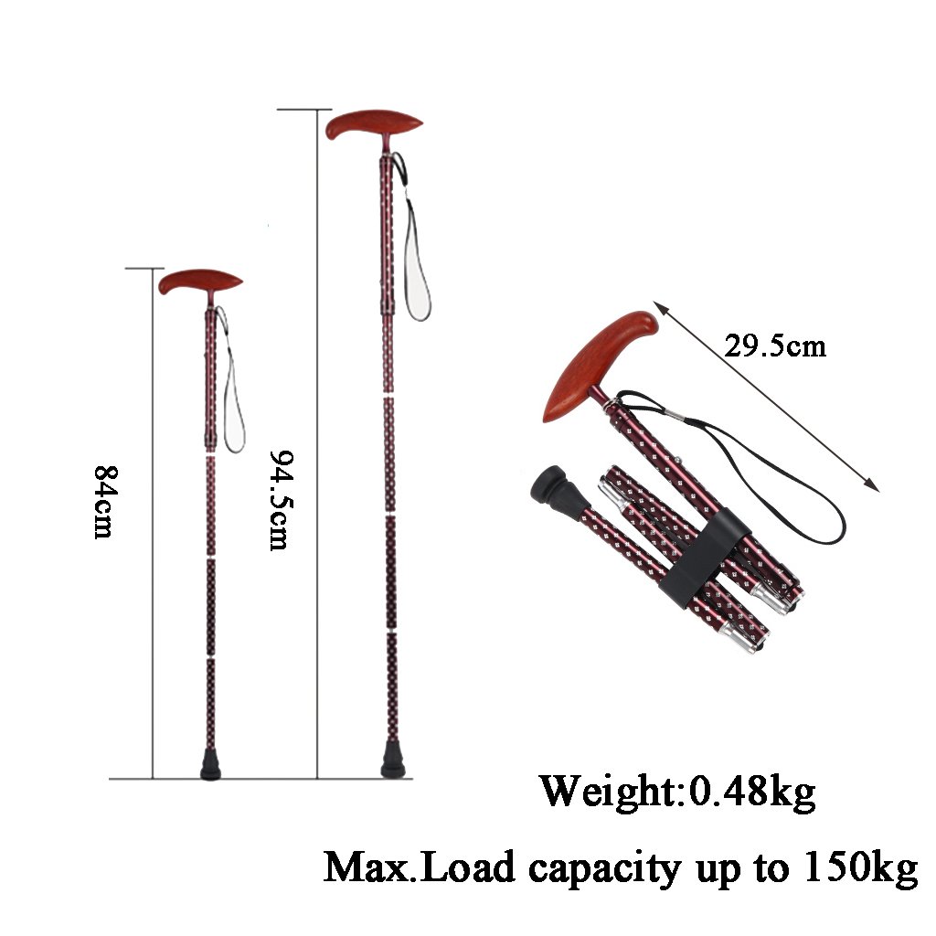Bastón de andar Movilidad plegable Bastón de madera Manija ergonómica 5 niveles de altura ajustable para con artritis Personas mayores con discapacidades y ancianos con base Máx.150kg ( color : Red )