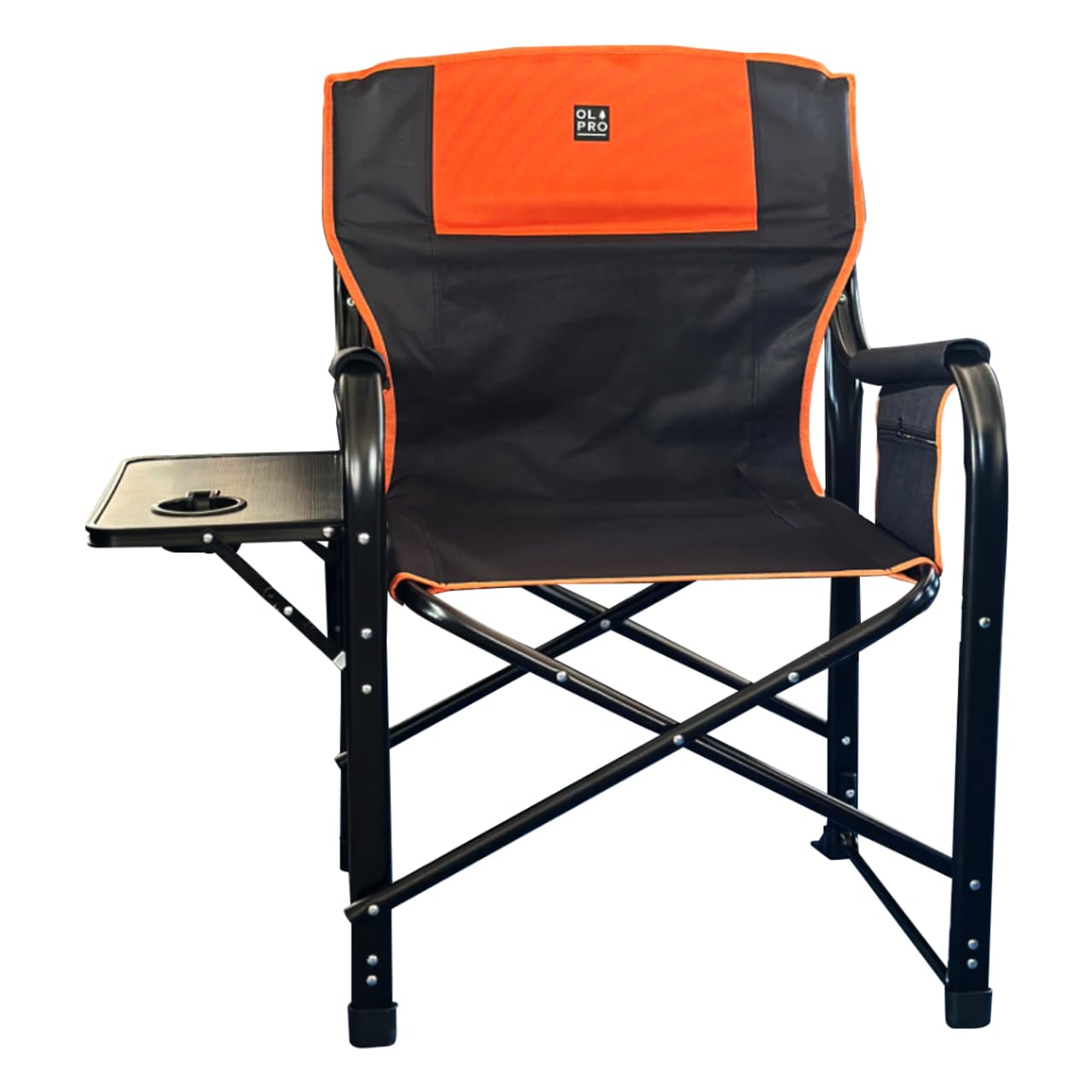 OLPRO Deluxe Directors Chair – Orange & Black – Heavy Duty Folding Chair with Side Table, Cup Holder & Zip Storage – Portable Outdoor Furniture for Adults, Sturdy & Comfortable