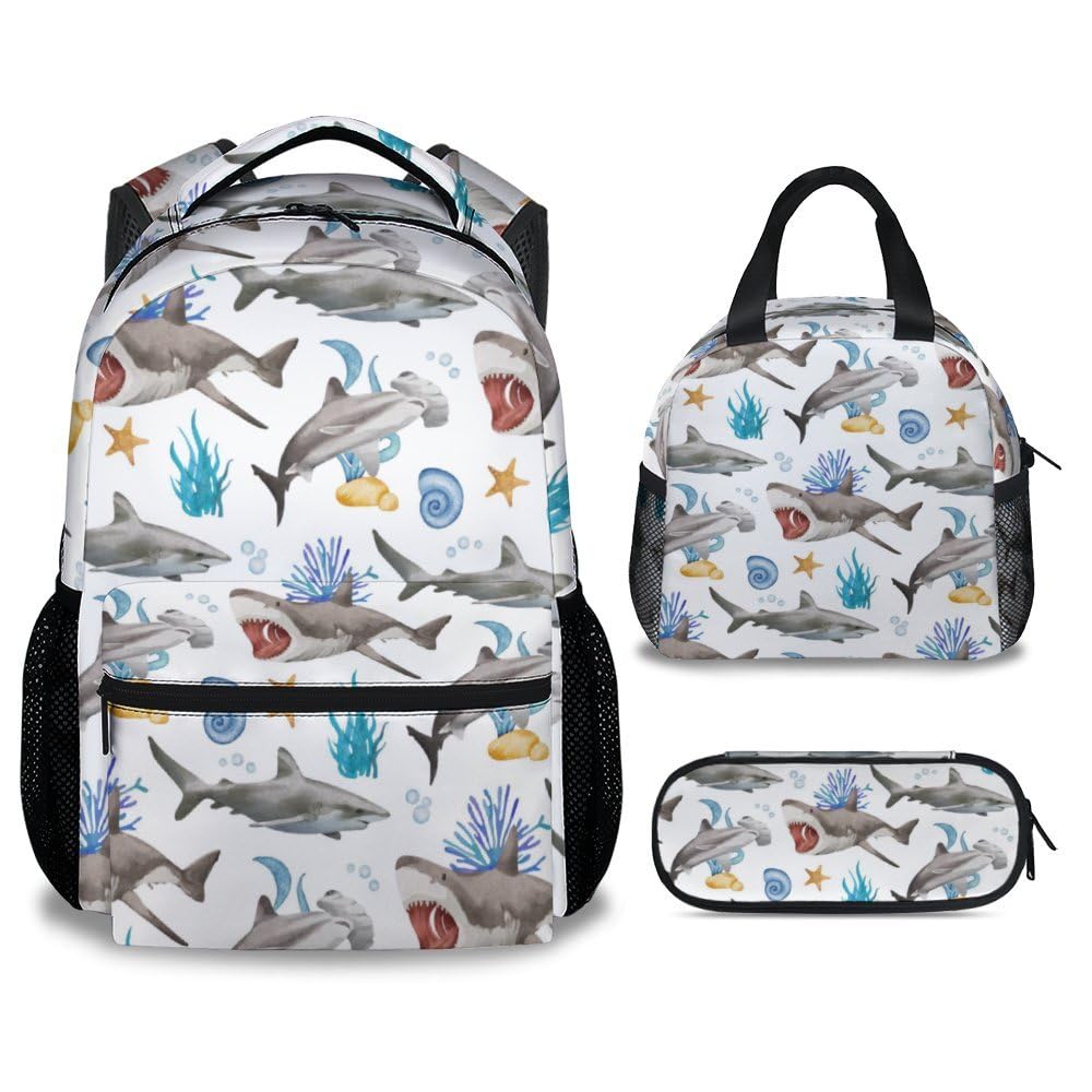 Sharecolor Shark Backpack with Lunch Box, Set of 3 School Backpacks Matching Combo, Cute White Bookbag and Pencil Case Bundle