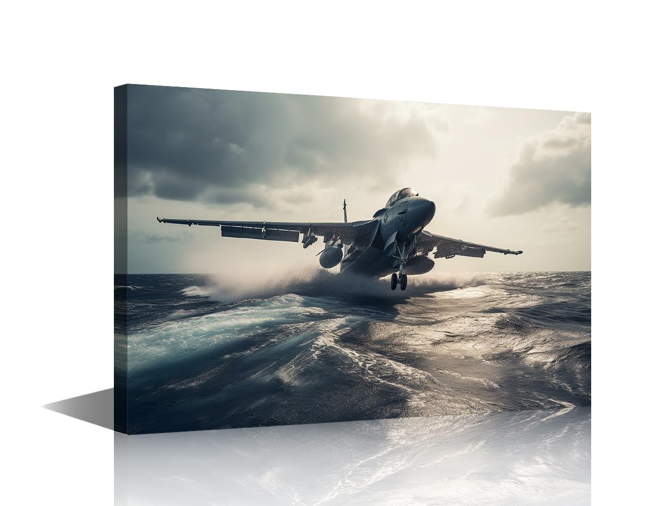 Fighter Jet Poster Print on Canvas Military Fighter Wall Decor Jet taking off from Carrier in Sea Wall Art 1 Panel Pictures for Bedroom Stretched and Framed Ready to Hang (16''Wx 24''H)
