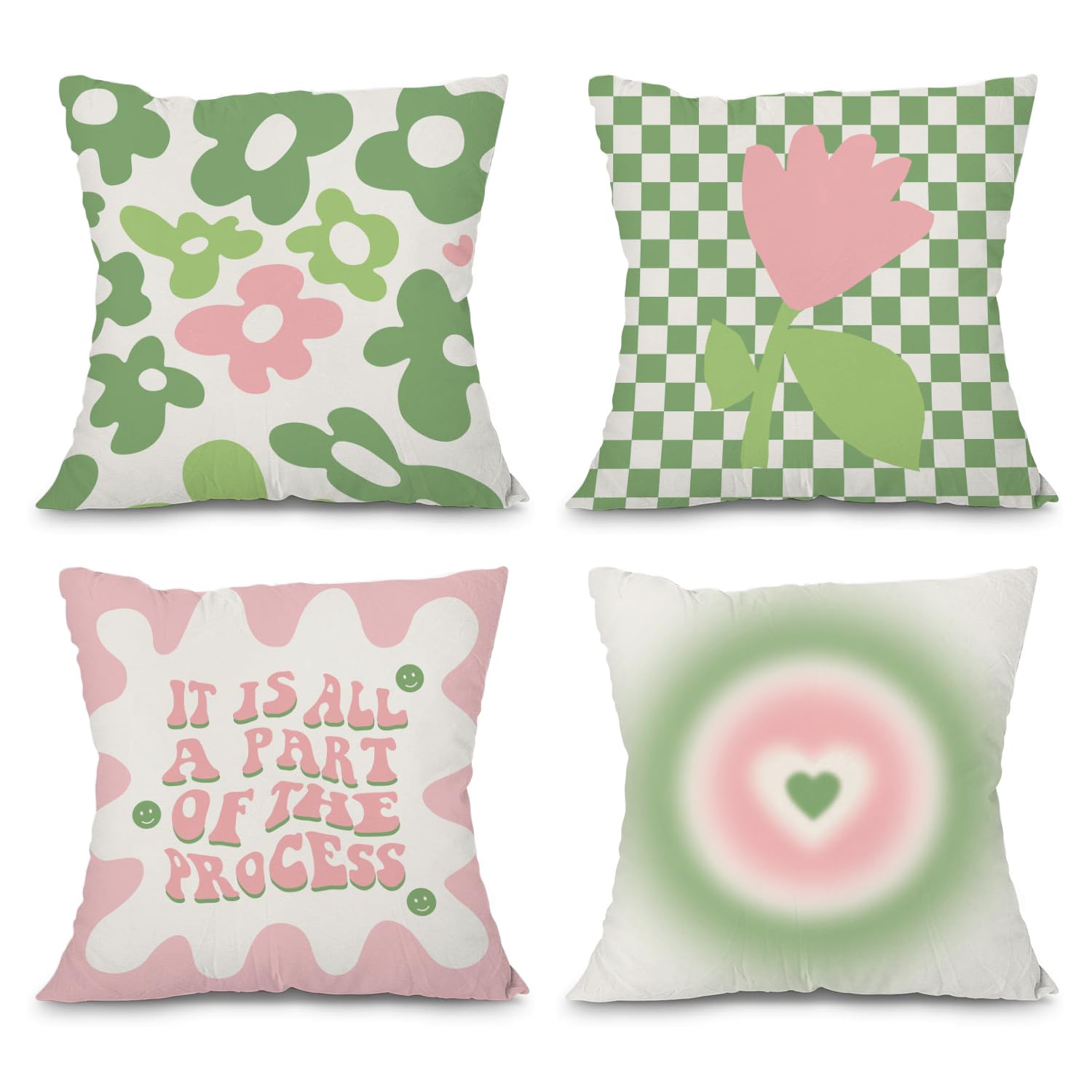 heilkee Danish Pastel Room Decor Aesthetic Sage Green and Pink Throw Pillow Covers Set of 4 Decorative Pillowcase Trendy Square Cushion Case for