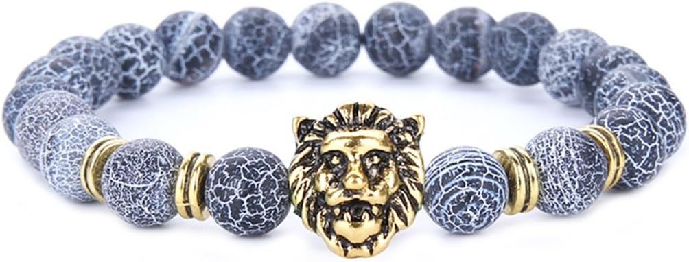 Men Women Gold Plated Lion Head Black Lava Rock Energy Stone Beads Stretch Bracelet 8 mm