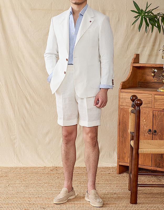 2 Piece Linen Suits for Men Casual Tuxedo Summer Beach Wedding Suit Groomsmen Prom Blazer Jacket Shorts Set4