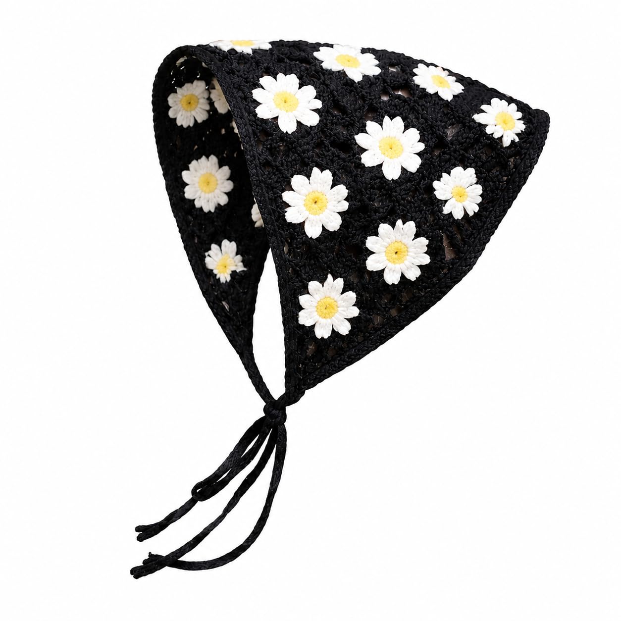 gopi handicraft Handmade Crochet Daisy Bandana for Women, Black Floral Head Scarf, Boho Hair Wrap, Cotton Knit Head Cover, Adjustable Tie-Up, Beach Festival Aesthetic Headwear-picture-14